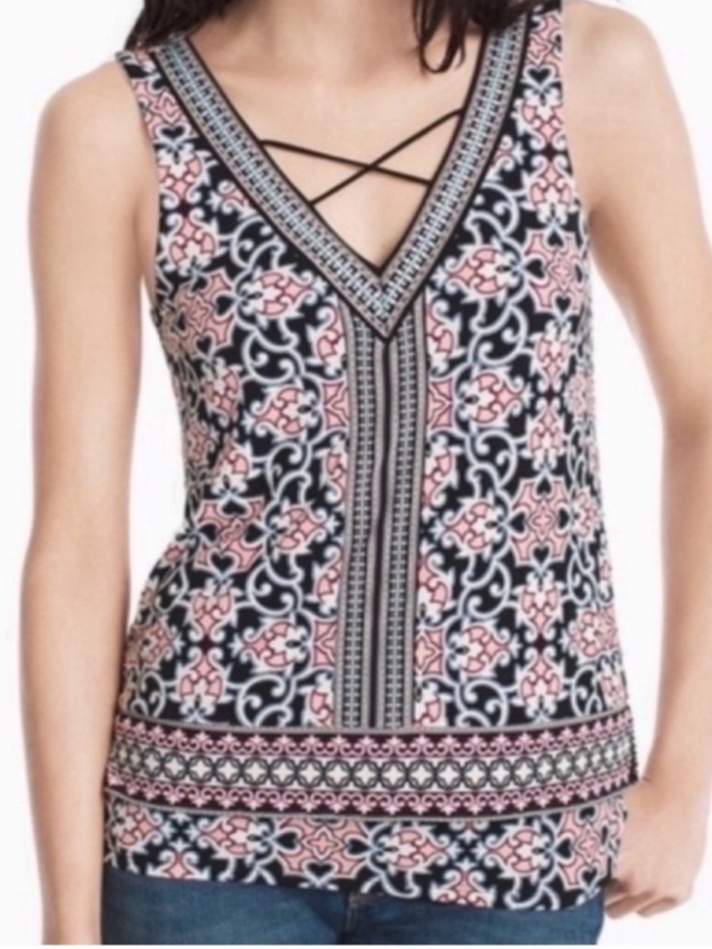 WHBM Laced V-neck Tank Top Mixed Print Jersey Overlay Black Pink White Size S